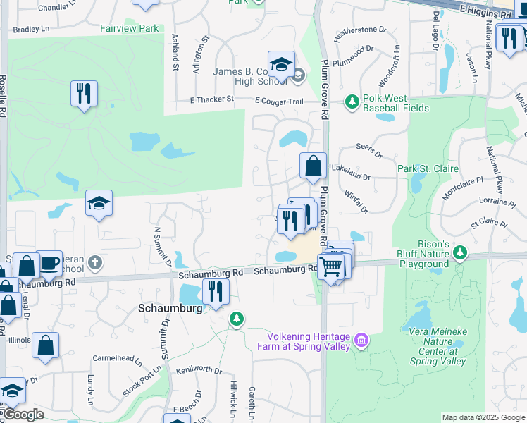 map of restaurants, bars, coffee shops, grocery stores, and more near 100 Shoreline Circle in Schaumburg