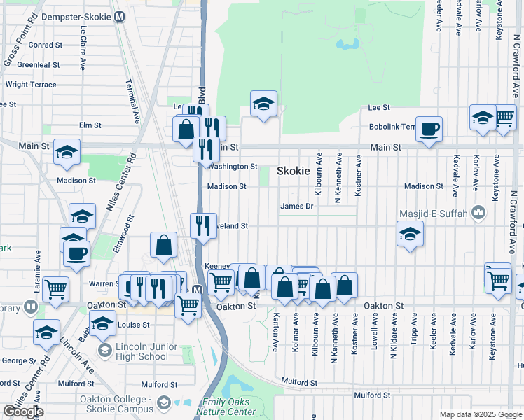 map of restaurants, bars, coffee shops, grocery stores, and more near 8225 Knox Avenue in Skokie