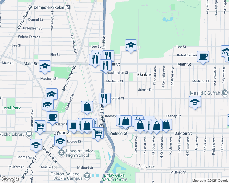 map of restaurants, bars, coffee shops, grocery stores, and more near 8225 Knox Avenue in Skokie
