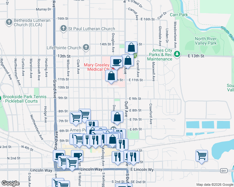 map of restaurants, bars, coffee shops, grocery stores, and more near 908 Douglas Avenue in Ames