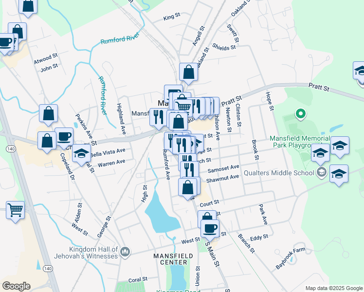 map of restaurants, bars, coffee shops, grocery stores, and more near 281 North Main Street in Mansfield