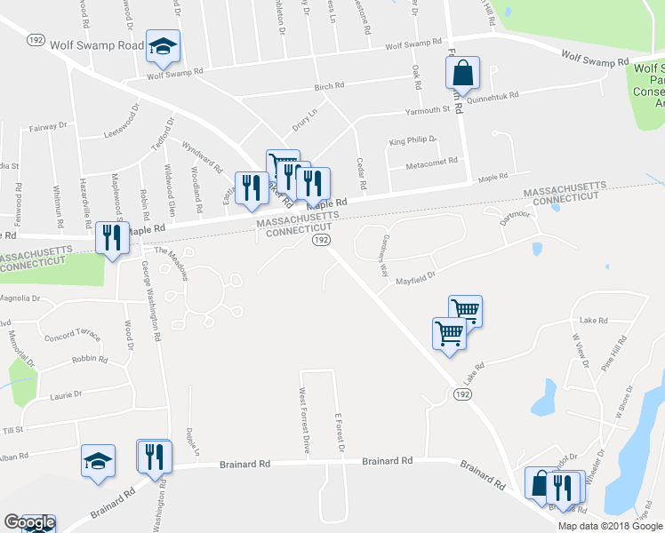 map of restaurants, bars, coffee shops, grocery stores, and more near 23 Old Maple Farms in Enfield