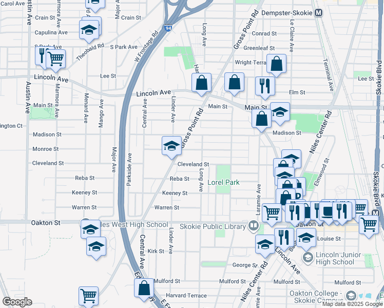map of restaurants, bars, coffee shops, grocery stores, and more near 5432 Cleveland Street in Morton Grove