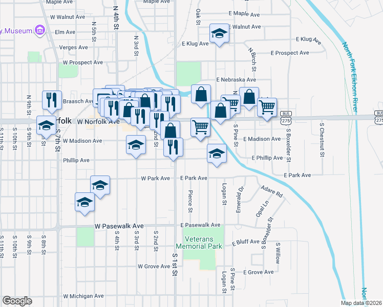 map of restaurants, bars, coffee shops, grocery stores, and more near 414 East Phillip Avenue in Norfolk