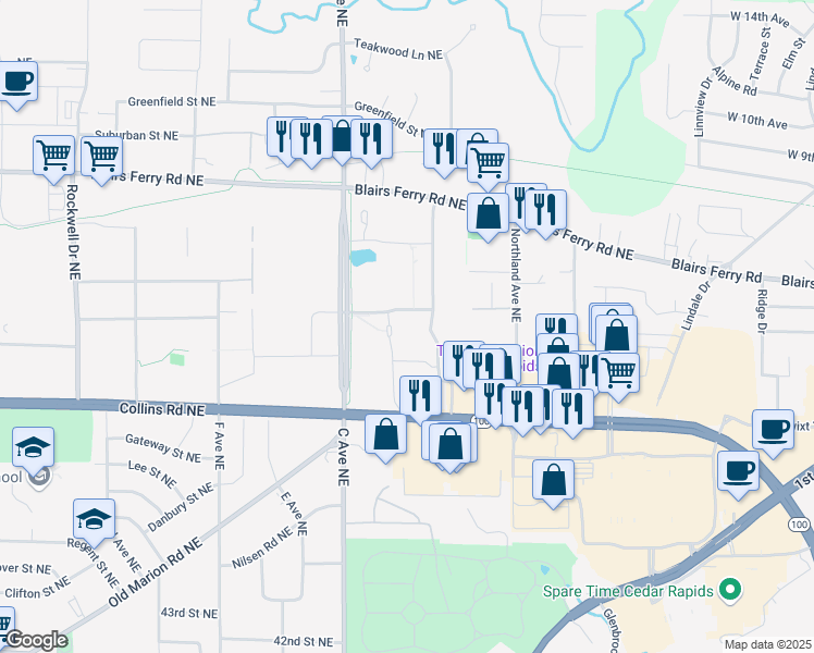 map of restaurants, bars, coffee shops, grocery stores, and more near in Cedar Rapids