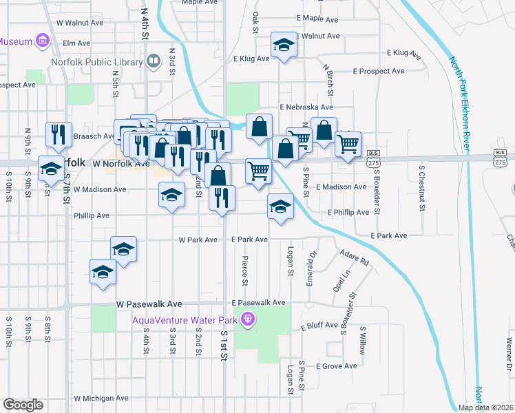 map of restaurants, bars, coffee shops, grocery stores, and more near 414 East Phillip Avenue in Norfolk