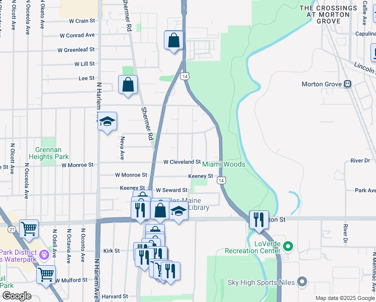 map of restaurants, bars, coffee shops, grocery stores, and more near 6923 Cleveland Street in Niles