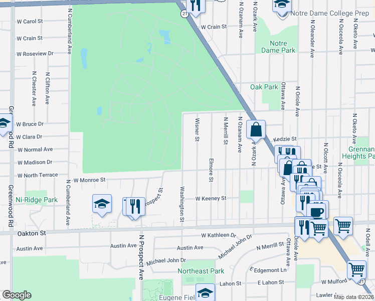 map of restaurants, bars, coffee shops, grocery stores, and more near 8216 Wisner Street in Niles