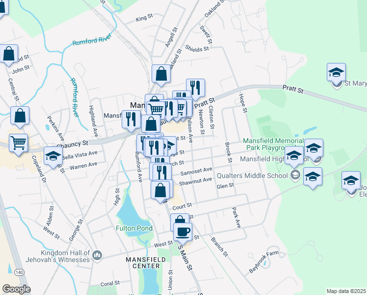 map of restaurants, bars, coffee shops, grocery stores, and more near 62 Church Street in Mansfield