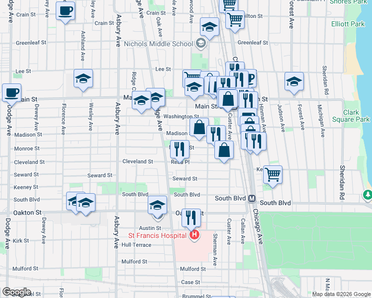 map of restaurants, bars, coffee shops, grocery stores, and more near in Evanston