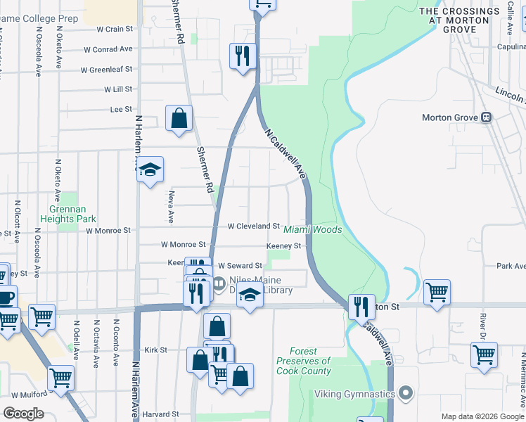 map of restaurants, bars, coffee shops, grocery stores, and more near 6923 Cleveland Street in Niles
