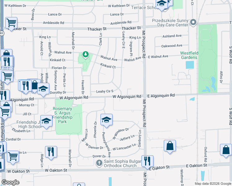 map of restaurants, bars, coffee shops, grocery stores, and more near 101 West Algonquin Road in Des Plaines