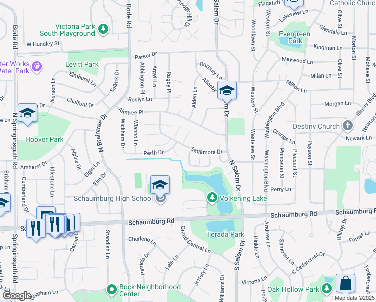 map of restaurants, bars, coffee shops, grocery stores, and more near 137 Nauset Lane in Schaumburg