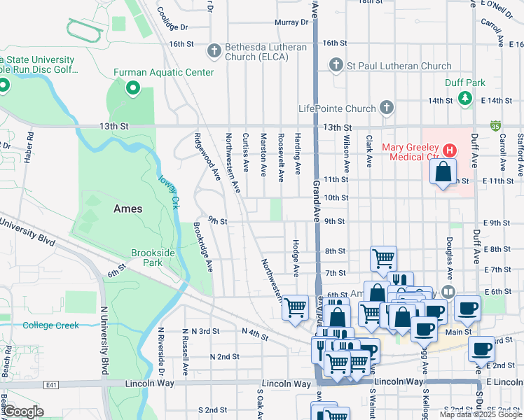 map of restaurants, bars, coffee shops, grocery stores, and more near 1008 9th Street in Ames