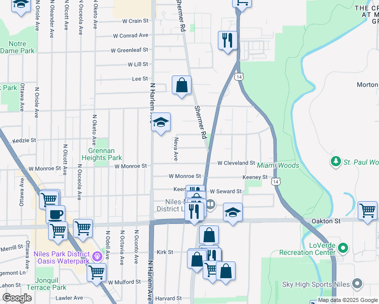 map of restaurants, bars, coffee shops, grocery stores, and more near 7029 West Cleveland Street in Niles