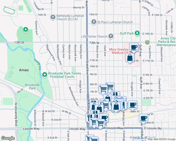 map of restaurants, bars, coffee shops, grocery stores, and more near 618 9th Street in Ames