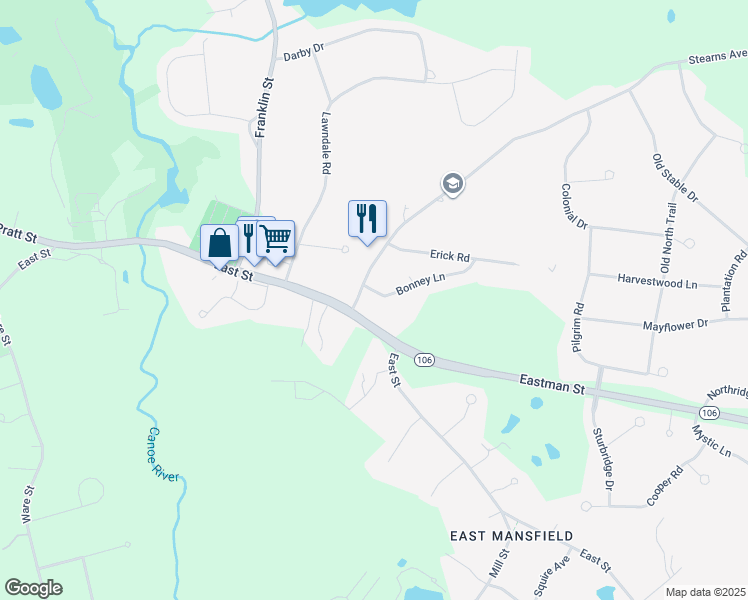 map of restaurants, bars, coffee shops, grocery stores, and more near 737 East Street in Mansfield