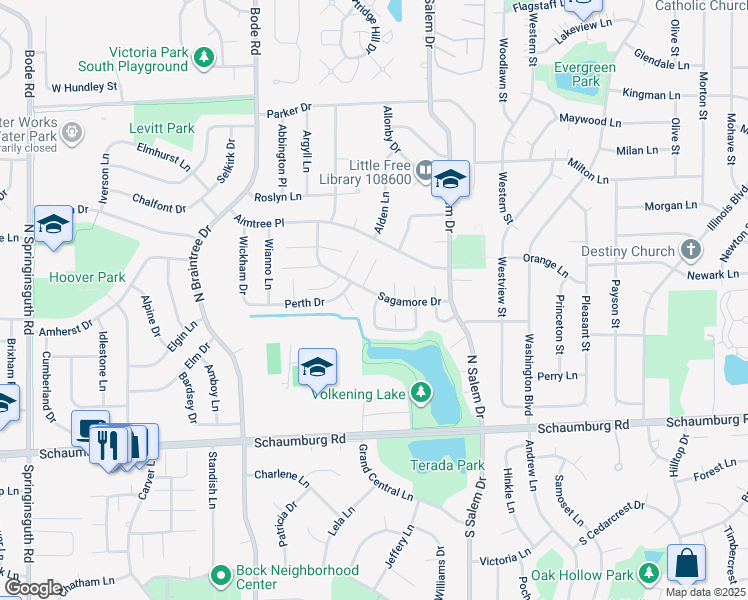 map of restaurants, bars, coffee shops, grocery stores, and more near 137 Nauset Lane in Schaumburg