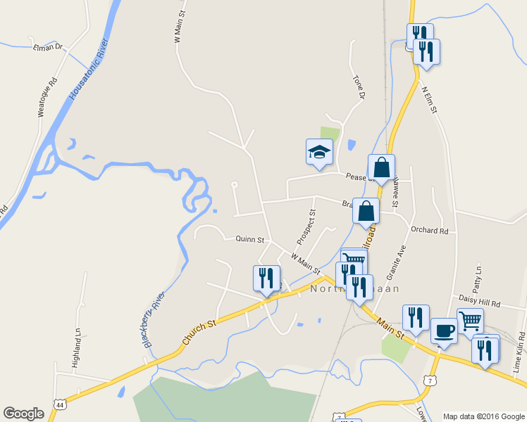 map of restaurants, bars, coffee shops, grocery stores, and more near 253 West Main Street in Canaan