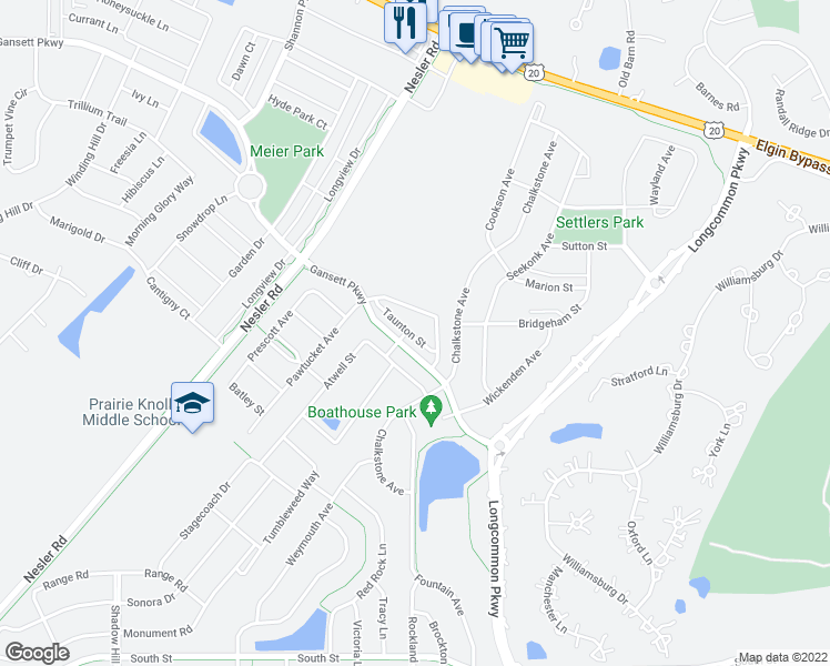 map of restaurants, bars, coffee shops, grocery stores, and more near 3128 Taunton Street in Elgin