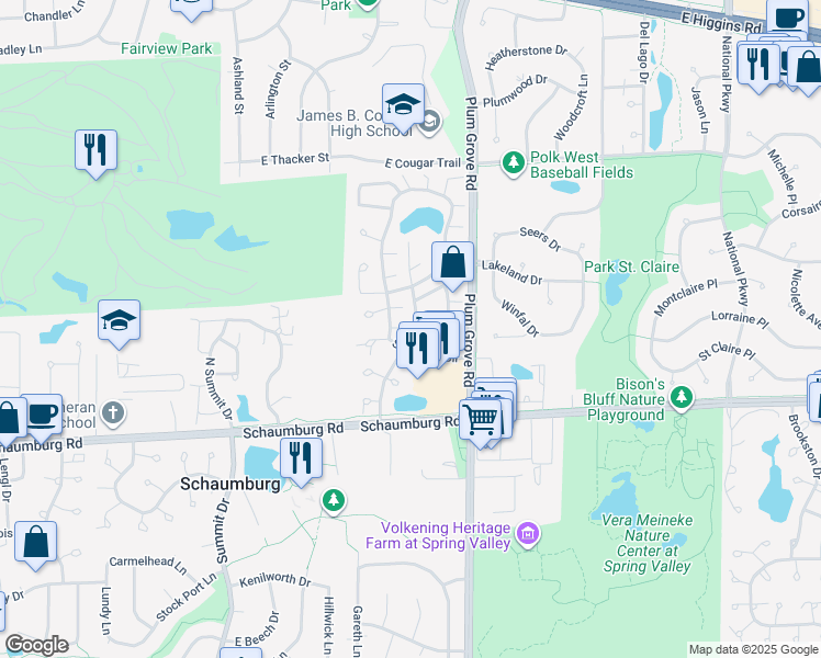 map of restaurants, bars, coffee shops, grocery stores, and more near 30 North Waterford Drive in Schaumburg