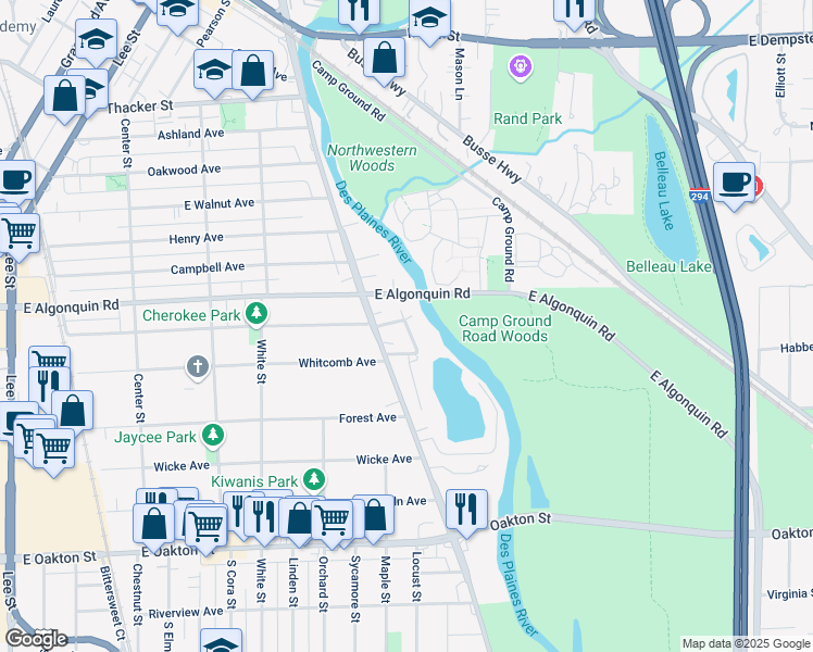 map of restaurants, bars, coffee shops, grocery stores, and more near 1825 East Algonquin Road in Des Plaines