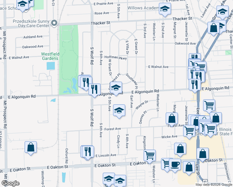 map of restaurants, bars, coffee shops, grocery stores, and more near 1159 Southwest Place in Des Plaines