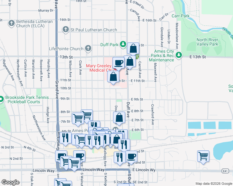 map of restaurants, bars, coffee shops, grocery stores, and more near 1002 Douglas Avenue in Ames