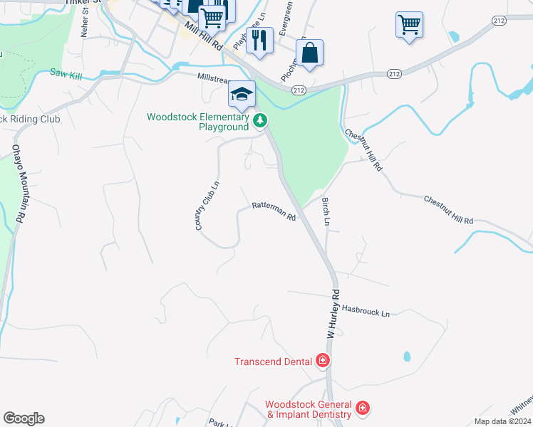 map of restaurants, bars, coffee shops, grocery stores, and more near 97 Ratterman Road in Woodstock