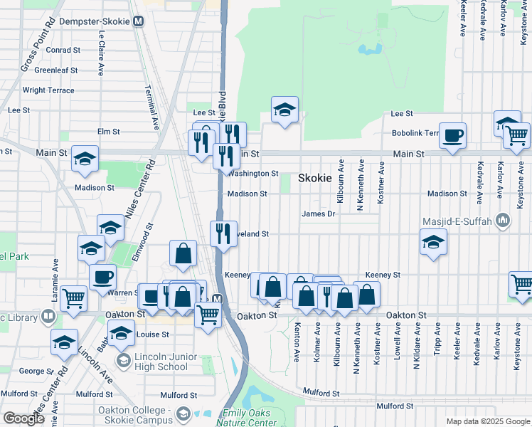 map of restaurants, bars, coffee shops, grocery stores, and more near 4633 Madison Street in Skokie