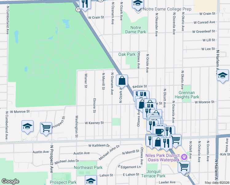 map of restaurants, bars, coffee shops, grocery stores, and more near 8270 North Ozark Avenue in Niles