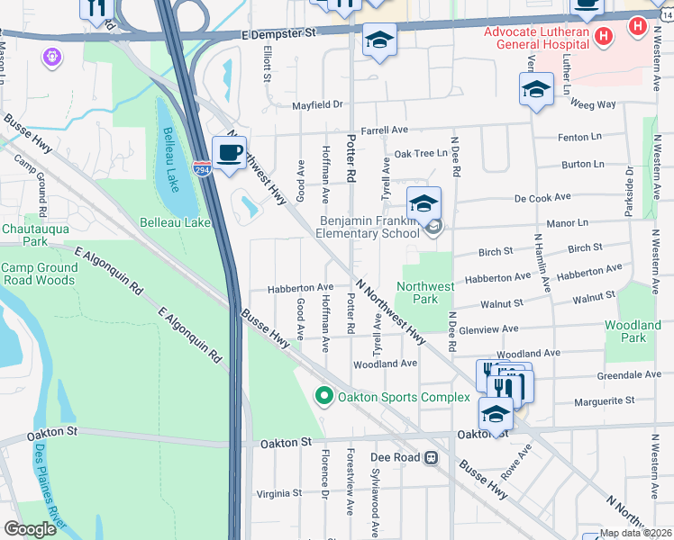 map of restaurants, bars, coffee shops, grocery stores, and more near 1327 North Northwest Highway in Park Ridge