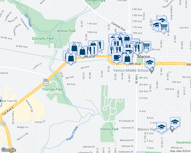 map of restaurants, bars, coffee shops, grocery stores, and more near 480 5th Avenue in Marion