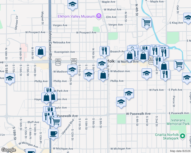 map of restaurants, bars, coffee shops, grocery stores, and more near 111 South 9th Street in Norfolk
