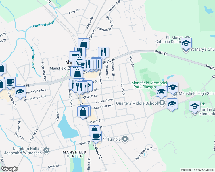 map of restaurants, bars, coffee shops, grocery stores, and more near 88 Cottage Street in Mansfield