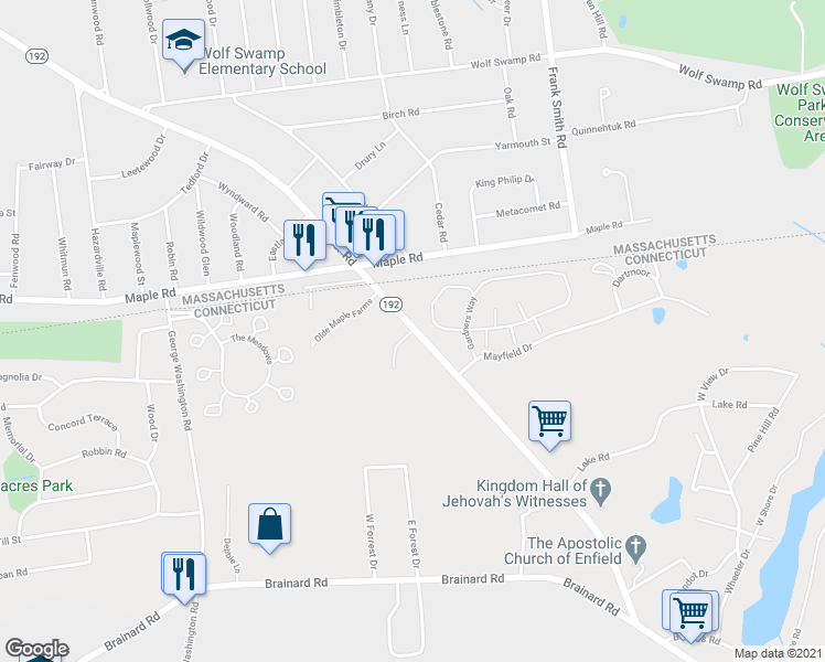 map of restaurants, bars, coffee shops, grocery stores, and more near 5 Old Maple Farms in Enfield