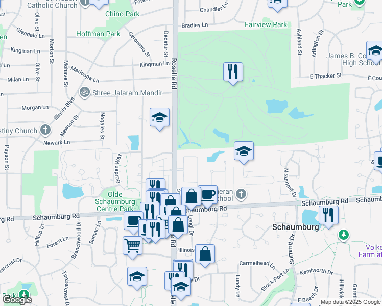 map of restaurants, bars, coffee shops, grocery stores, and more near 151 Fulbright Lane in Schaumburg