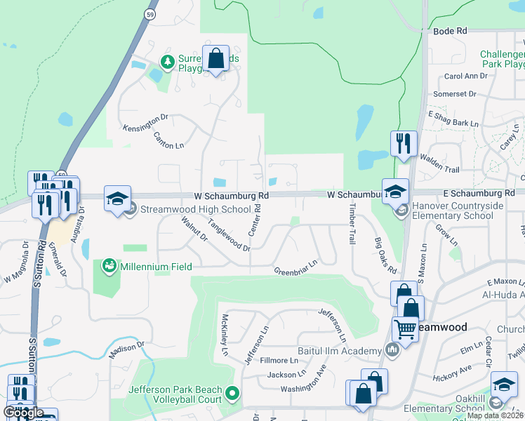 map of restaurants, bars, coffee shops, grocery stores, and more near 2 Center Road in Streamwood