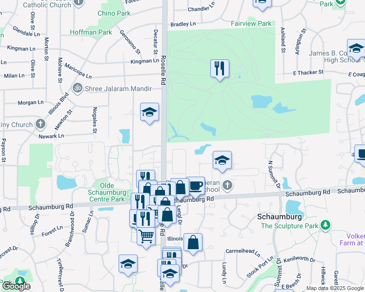 map of restaurants, bars, coffee shops, grocery stores, and more near 147 Fulbright Lane in Schaumburg
