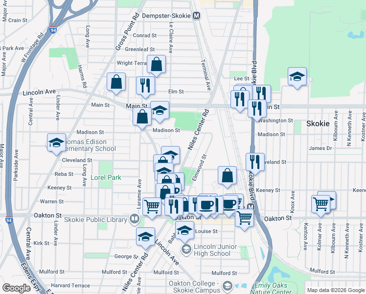 map of restaurants, bars, coffee shops, grocery stores, and more near 8260 Niles Center Road in Skokie