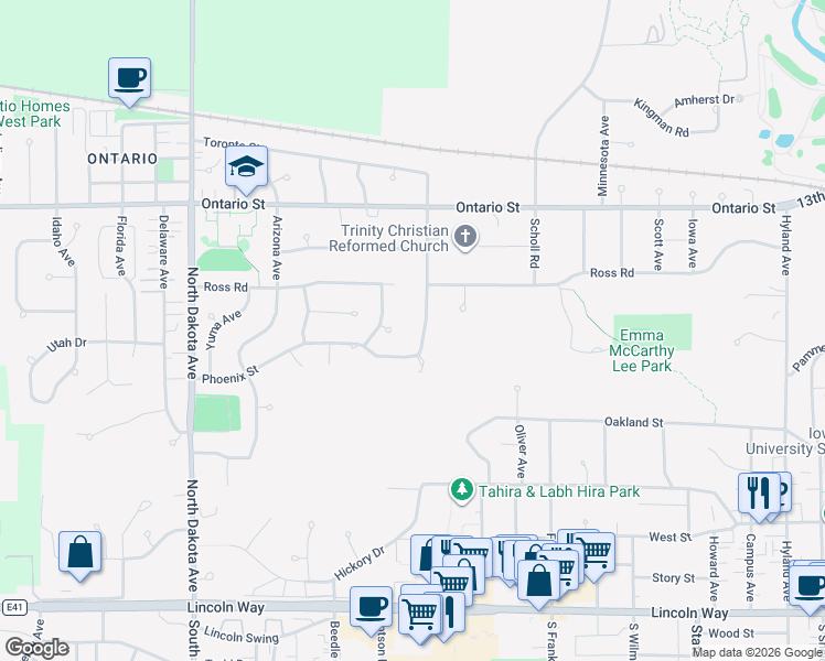 map of restaurants, bars, coffee shops, grocery stores, and more near 1005 Garfield Avenue in Ames