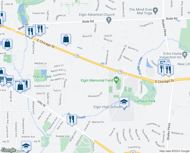 map of restaurants, bars, coffee shops, grocery stores, and more near 1025 Chaucer Court in Elgin