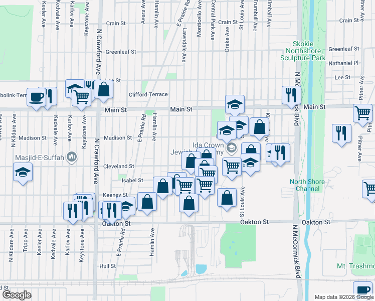 map of restaurants, bars, coffee shops, grocery stores, and more near 3637 Madison Street in Skokie