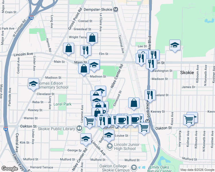 map of restaurants, bars, coffee shops, grocery stores, and more near 8260 Niles Center Road in Skokie