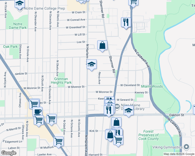 map of restaurants, bars, coffee shops, grocery stores, and more near 7065 Kedzie Street in Niles