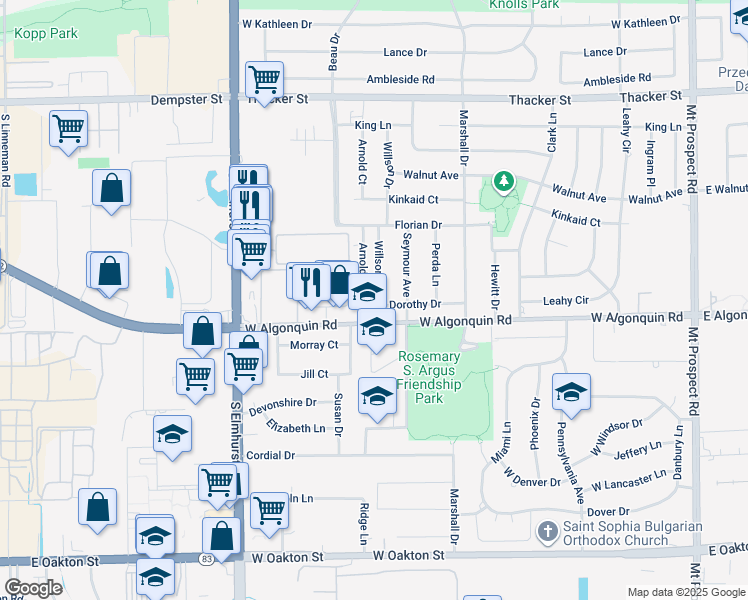 map of restaurants, bars, coffee shops, grocery stores, and more near 1104 Willson Drive in Des Plaines