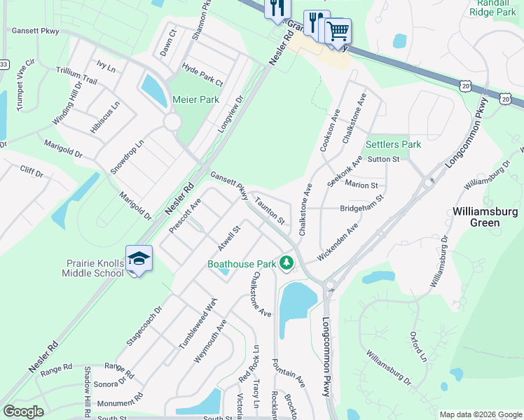 map of restaurants, bars, coffee shops, grocery stores, and more near 3140 Gansett Parkway in Elgin