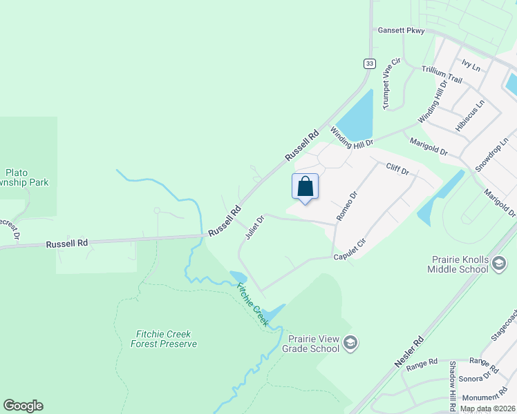 map of restaurants, bars, coffee shops, grocery stores, and more near 11N172 Juliet Drive in Elgin