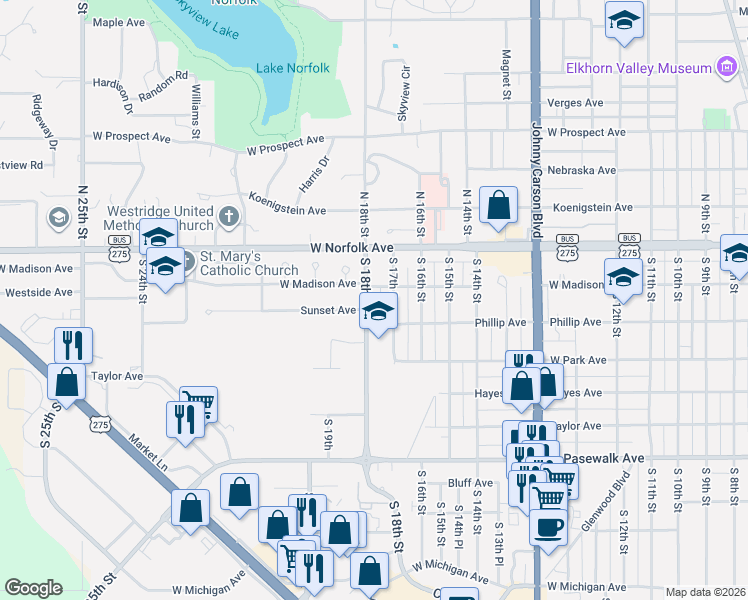 map of restaurants, bars, coffee shops, grocery stores, and more near 1800 Madison Avenue in Norfolk