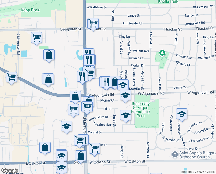 map of restaurants, bars, coffee shops, grocery stores, and more near 650 Colonial Lane in Des Plaines